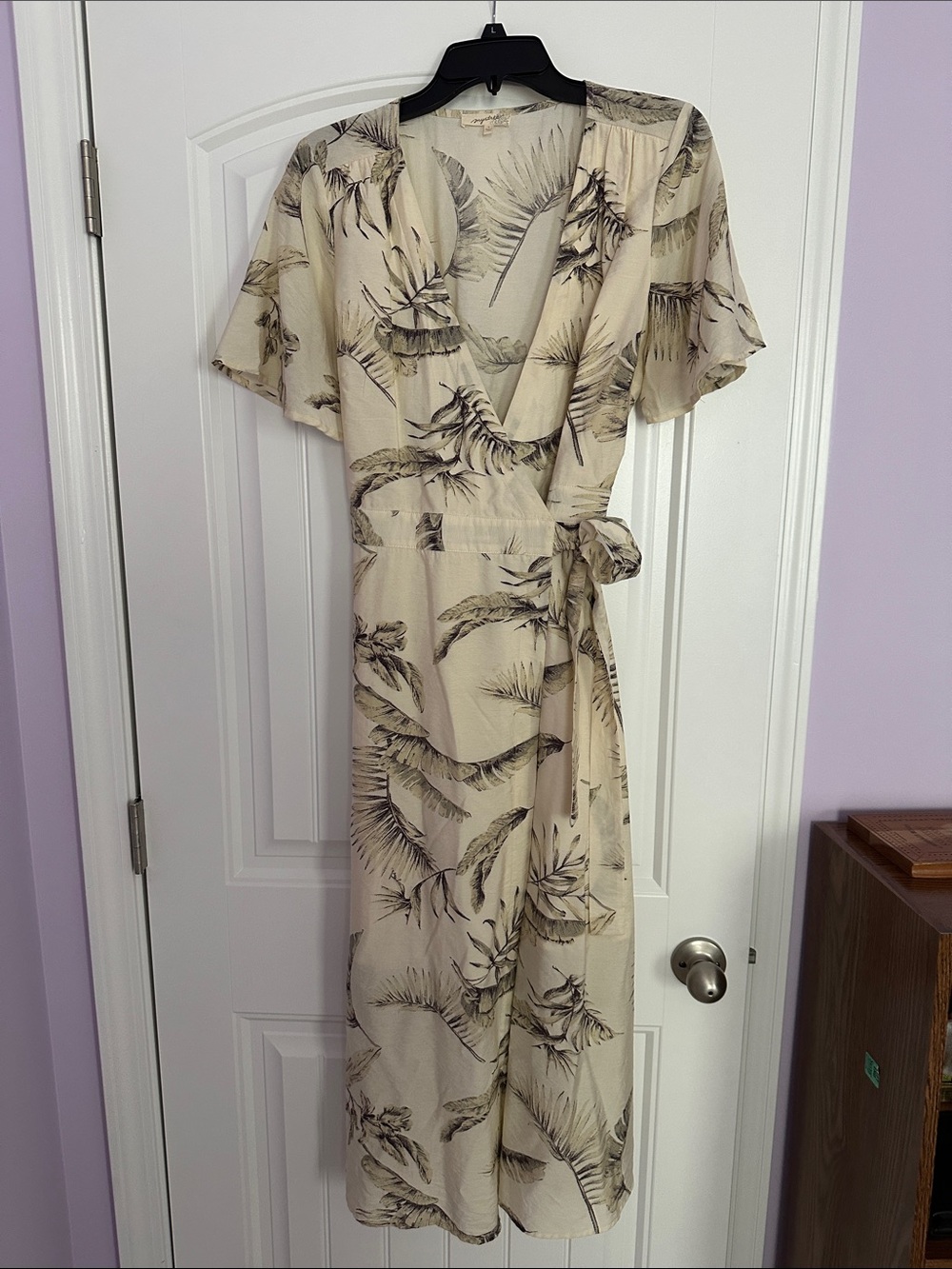 Mystree Cream Botanical Wrap Midi Dress with Tie Waist
